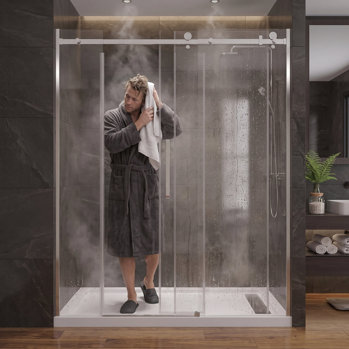 Porte de douche coulissante 72po x 75po avec quincaillerie carrée chromée - Configuration alcôve 3 murs