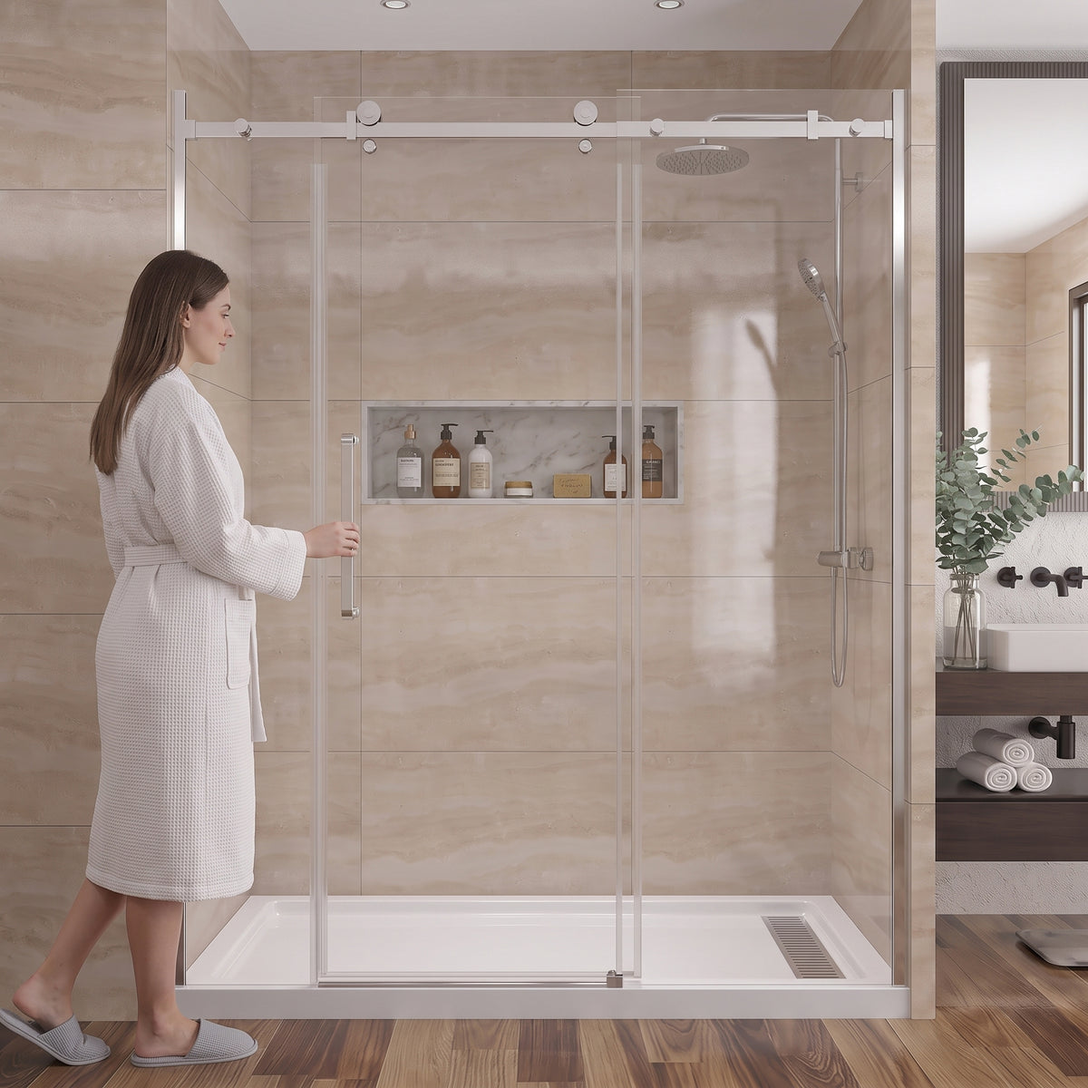 Porte de douche coulissante 72po x 75po avec quincaillerie carrée chromée - Configuration alcôve 3 murs