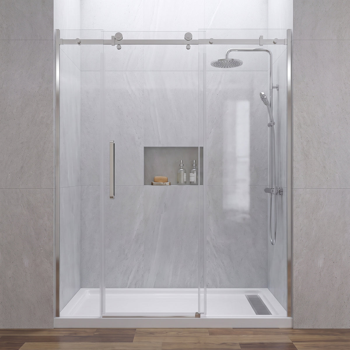 Porte de douche coulissante 72po x 75po avec quincaillerie carrée chromée - Configuration alcôve 3 murs