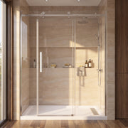 Porte de douche coulissante 72po x 75po avec quincaillerie carrée chromée - Configuration alcôve 3 murs