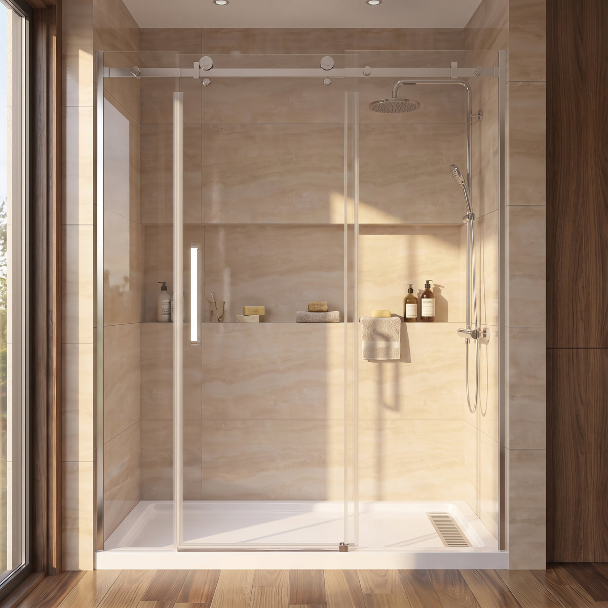 Porte de douche coulissante 72po x 75po avec quincaillerie carrée chromée - Configuration alcôve 3 murs