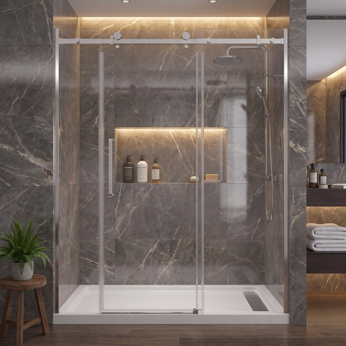 Porte de douche coulissante 72po x 75po avec quincaillerie carrée chromée - Configuration alcôve 3 murs