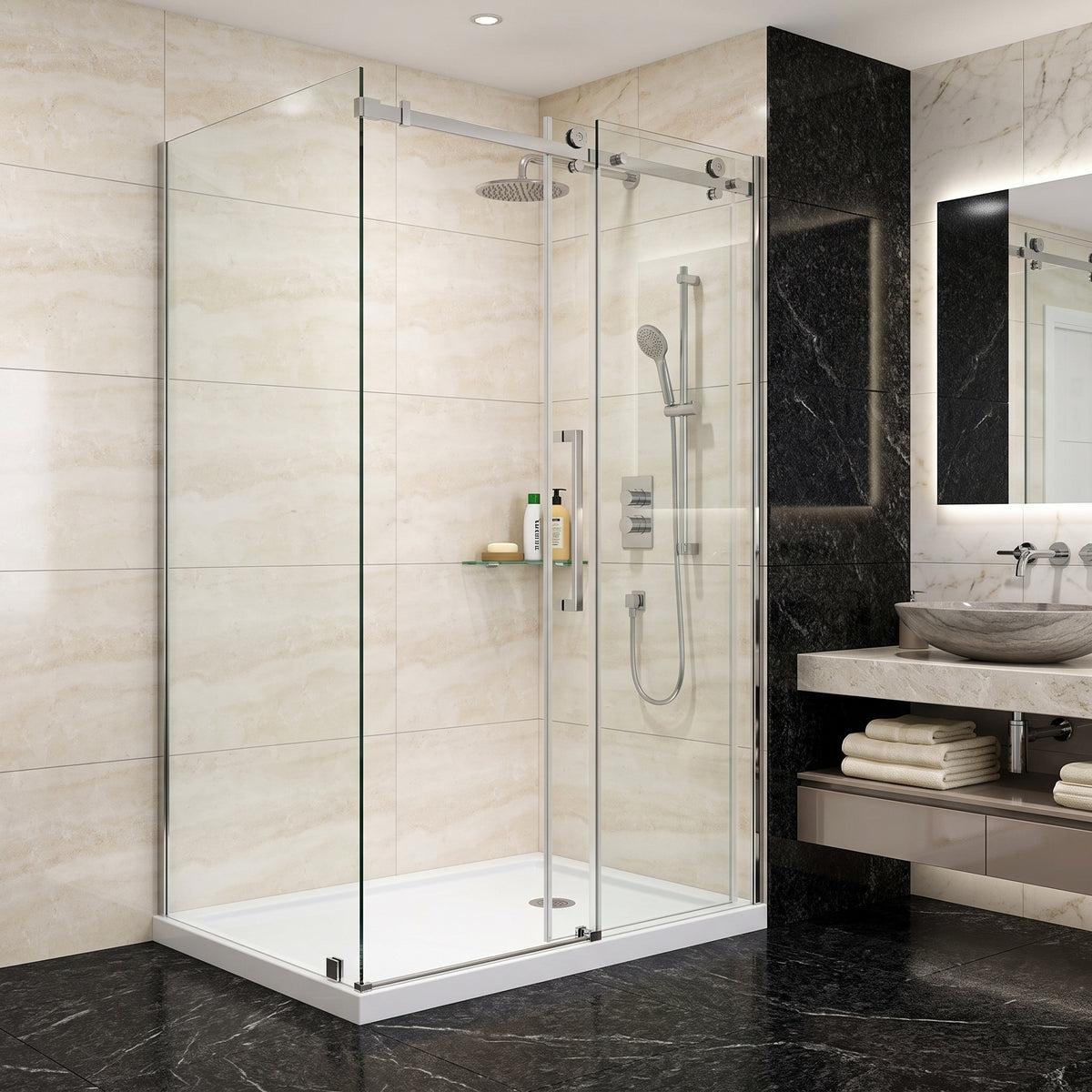 Porte de douche coulissante en coin réversible 48po x 32po x 75po en chrome avec quincaillerie carrée et verre trempé 10mm