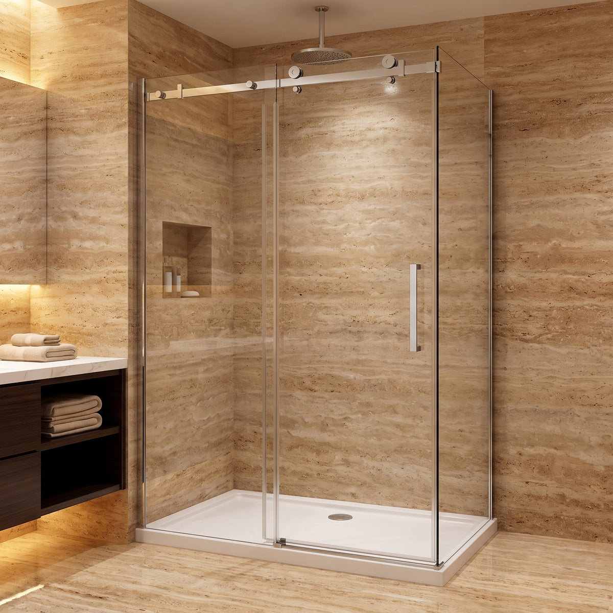 Porte de douche coulissante en coin réversible 48po x 32po x 75po en chrome avec quincaillerie carrée et verre trempé 10mm