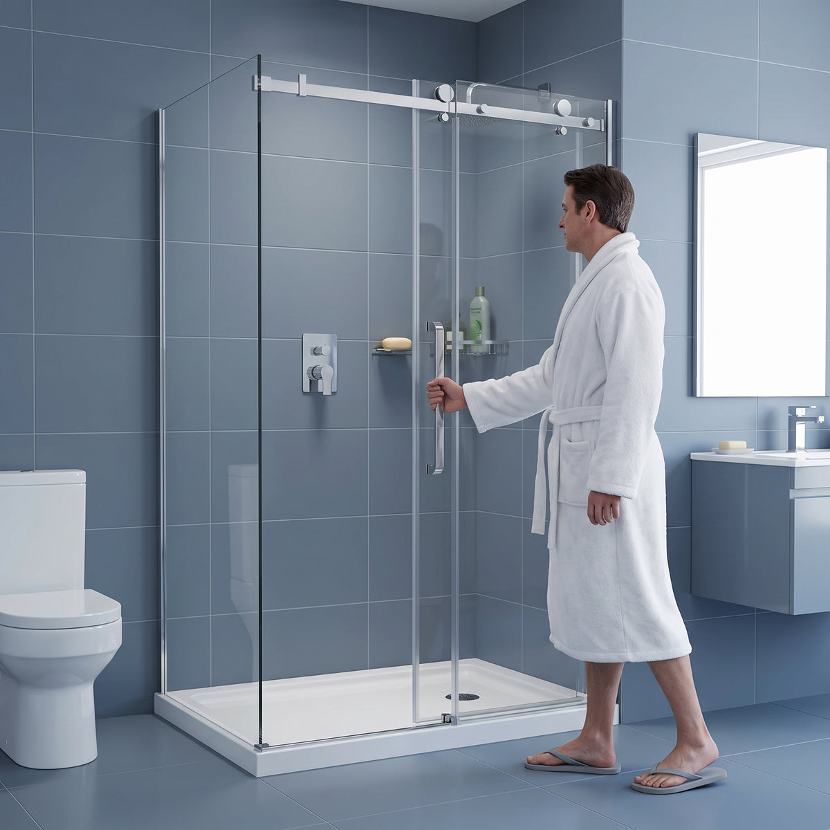 Porte de douche coulissante en coin réversible 48po x 32po x 75po en chrome avec quincaillerie carrée et verre trempé 10mm