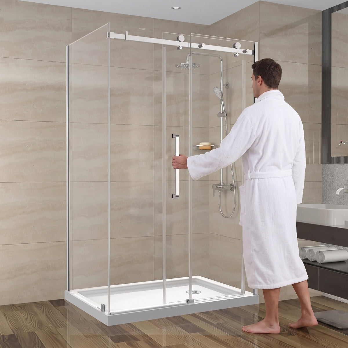 Porte de douche coulissante en coin réversible 48po x 32po x 75po en chrome avec quincaillerie carrée et verre trempé 10mm