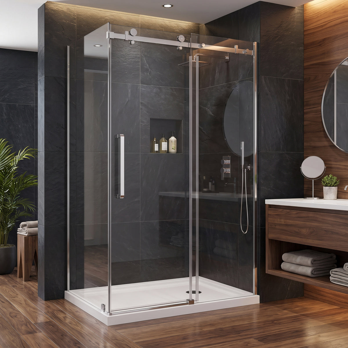 Porte de douche coulissante en coin réversible 48po x 32po x 75po en chrome avec quincaillerie carrée et verre trempé 10mm