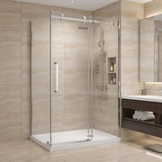 Porte de douche coulissante en coin réversible 48po x 32po x 75po en chrome avec quincaillerie carrée et verre trempé 10mm