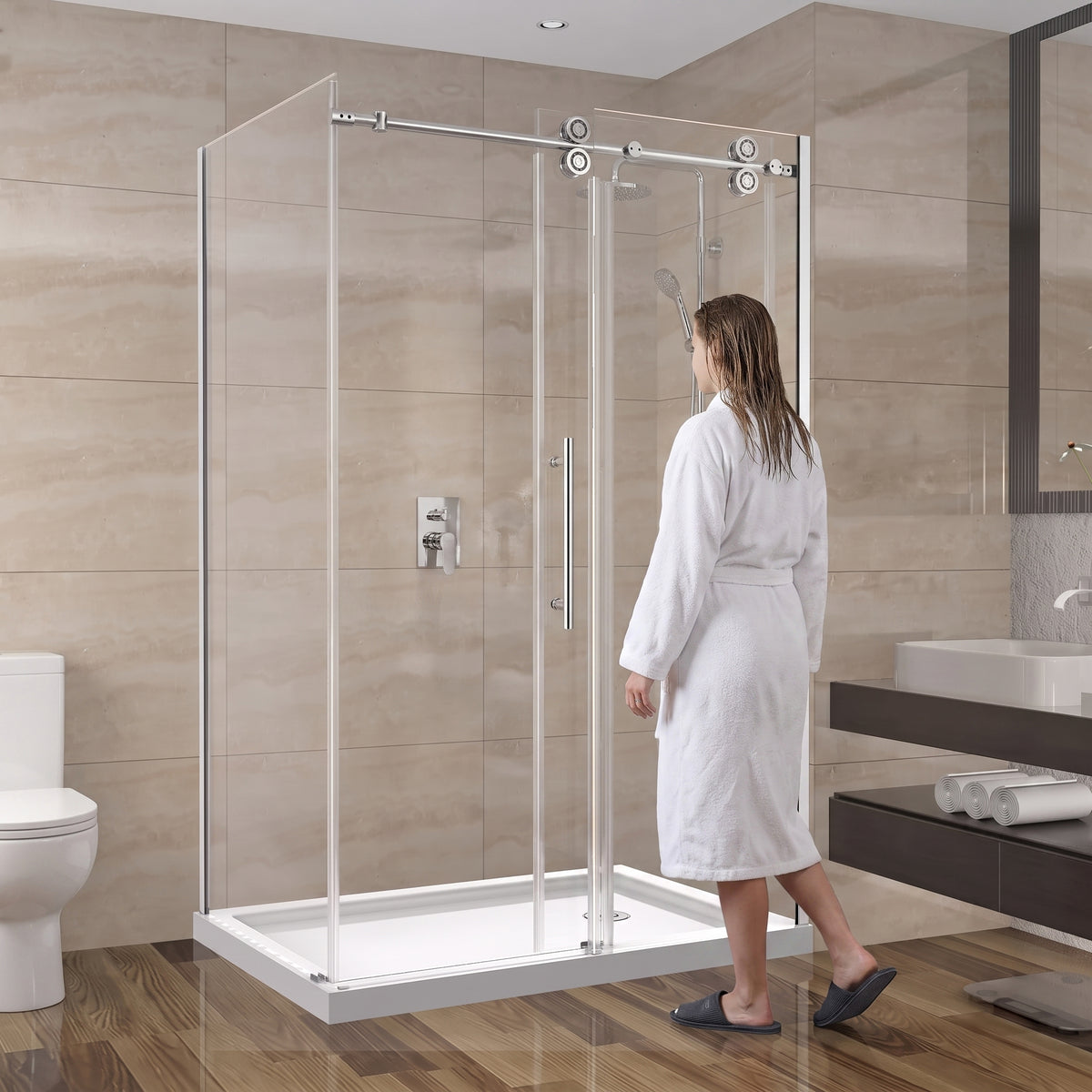 Porte de douche coulissante en coin réversible 48po x 36po x 75po en chrome avec quincaillerie ronde et verre trempé 10mm