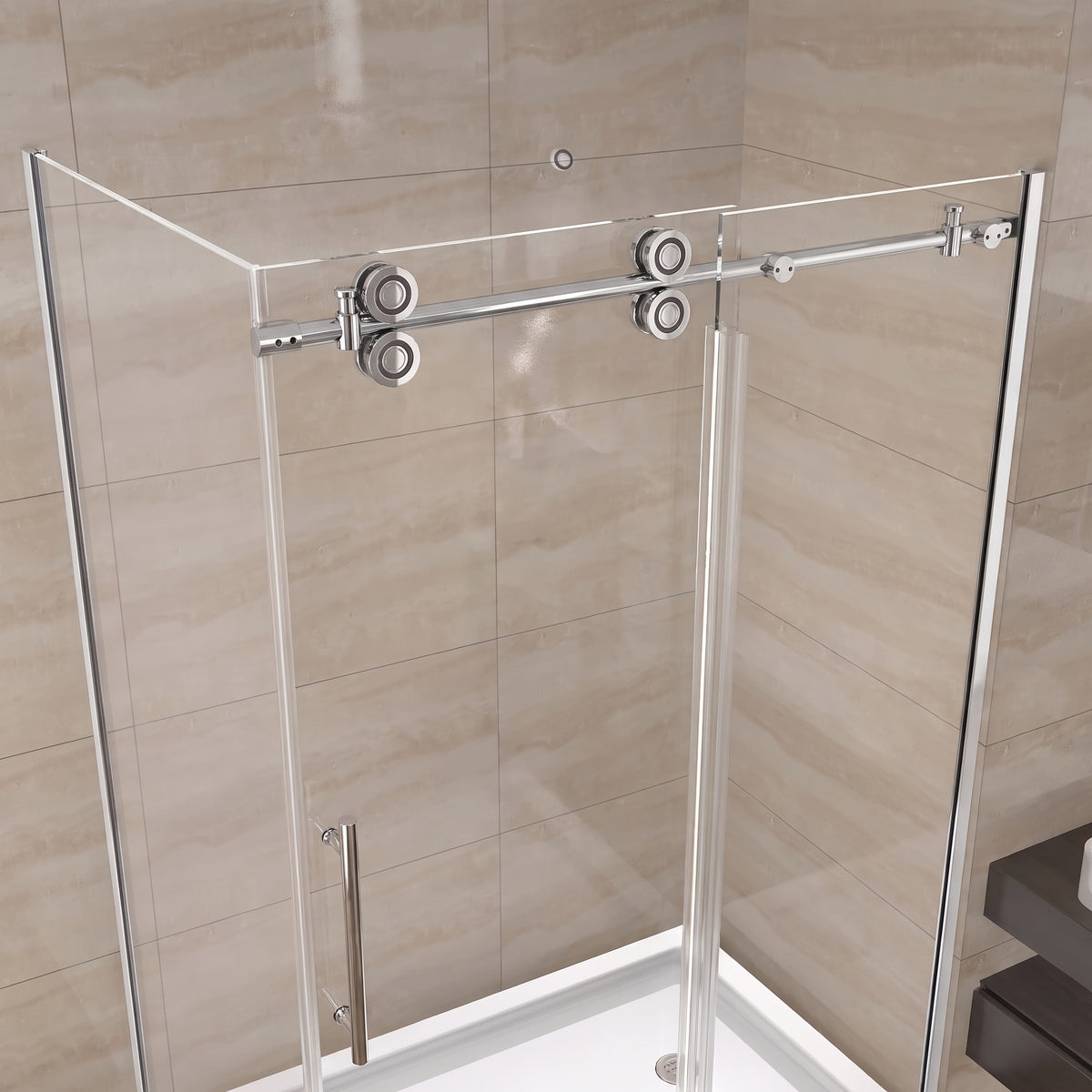 Porte de douche coulissante en coin réversible 48po x 36po x 75po en chrome avec quincaillerie ronde et verre trempé 10mm