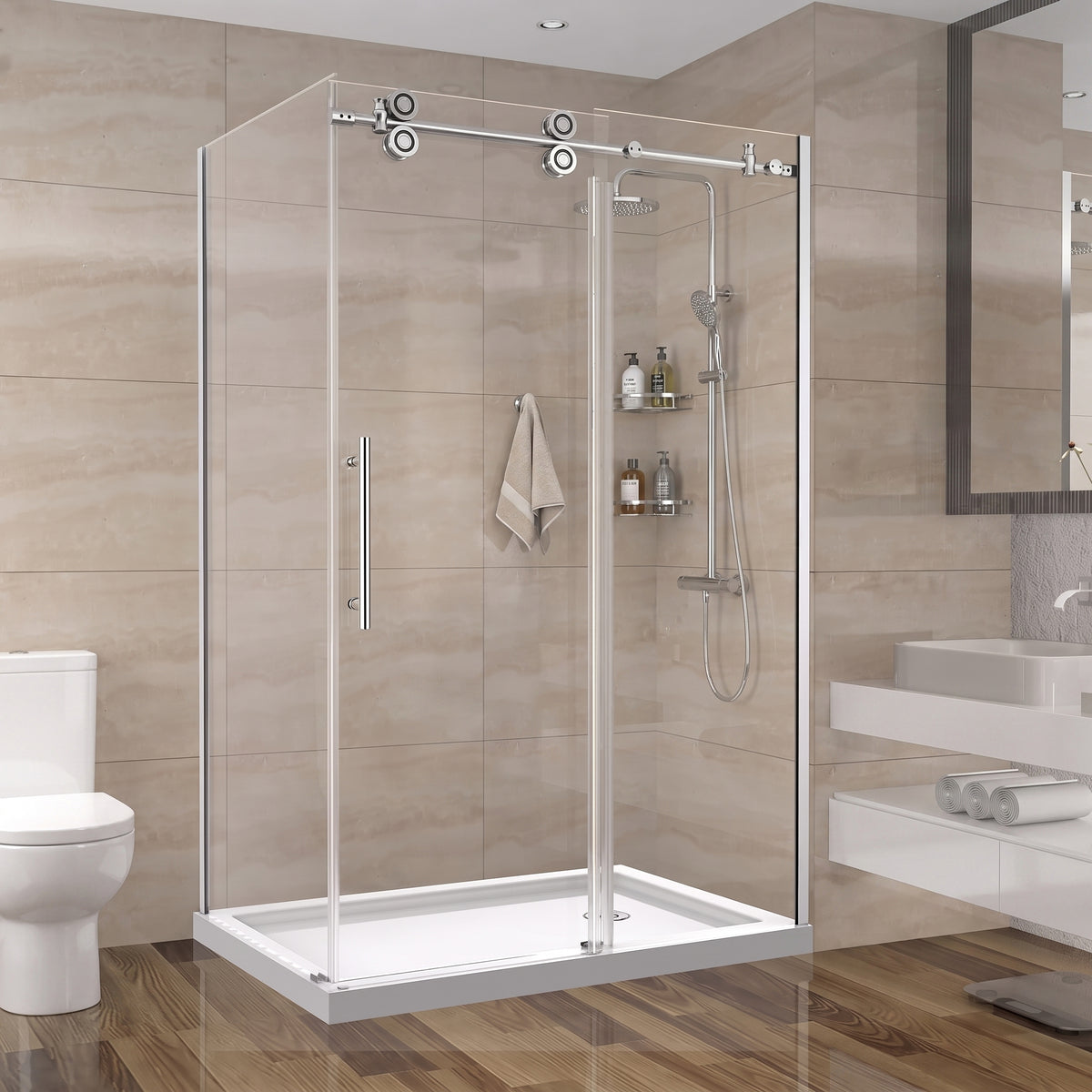 Porte de douche coulissante en coin réversible 48po x 36po x 75po en chrome avec quincaillerie ronde et verre trempé 10mm
