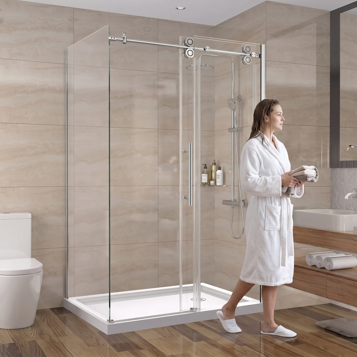 Porte de douche coulissante en coin réversible 48po x 36po x 75po en chrome avec quincaillerie ronde et verre trempé 10mm