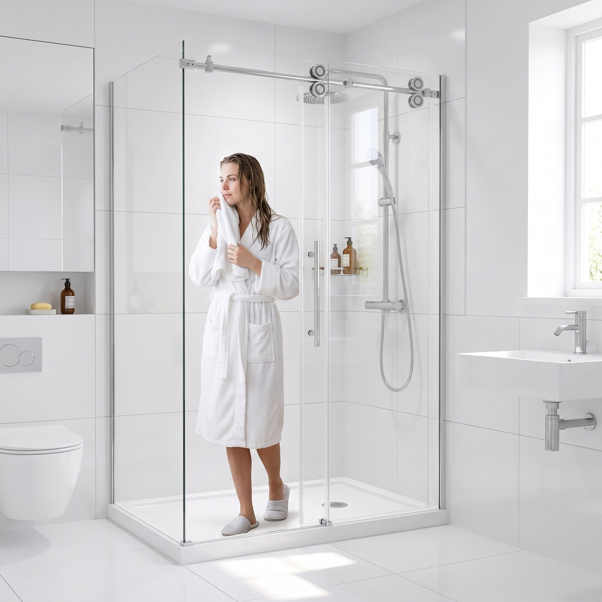 Porte de douche coulissante en coin réversible 48po x 36po x 75po en chrome avec quincaillerie ronde et verre trempé 10mm