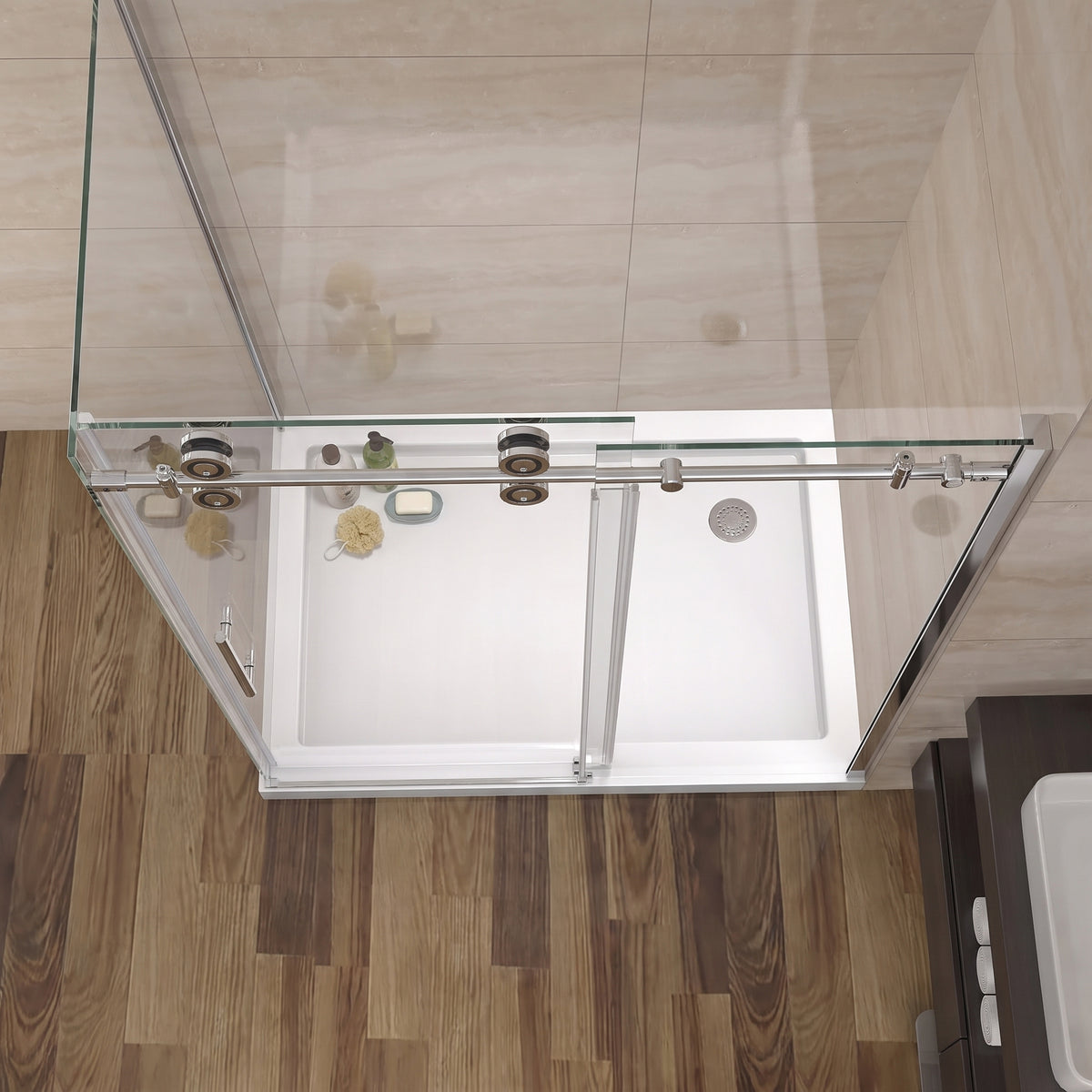 Porte de douche coulissante en coin réversible 48po x 36po x 75po en chrome avec quincaillerie ronde et verre trempé 10mm