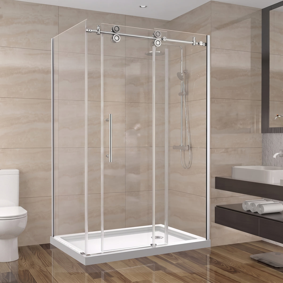 Porte de douche coulissante en coin réversible 48po x 36po x 75po en chrome avec quincaillerie ronde et verre trempé 10mm