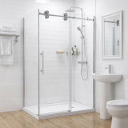 Porte de douche coulissante en coin réversible 48po x 36po x 75po en chrome avec quincaillerie ronde et verre trempé 10mm