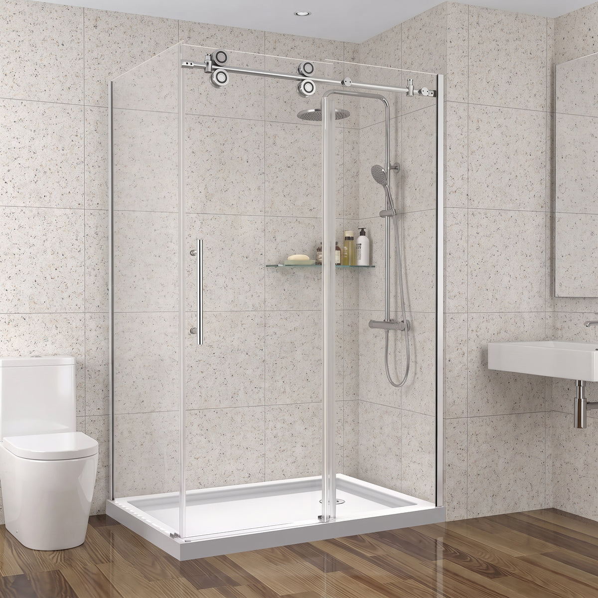Porte de douche coulissante en coin réversible 48po x 36po x 75po en chrome avec quincaillerie ronde et verre trempé 10mm
