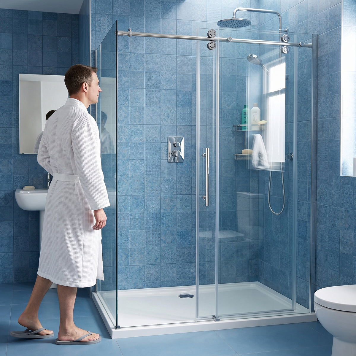 Porte de douche coulissante en coin réversible 60po x 36po x 75po en chrome avec quincaillerie ronde et verre trempé 10mm