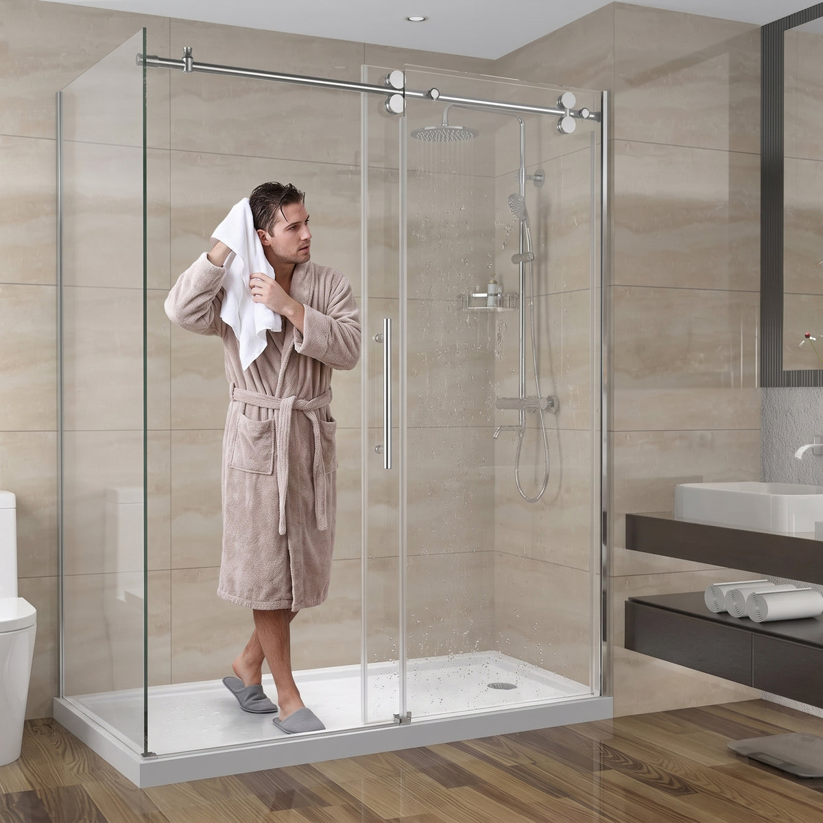 Porte de douche coulissante en coin réversible 60po x 36po x 75po en chrome avec quincaillerie ronde et verre trempé 10mm