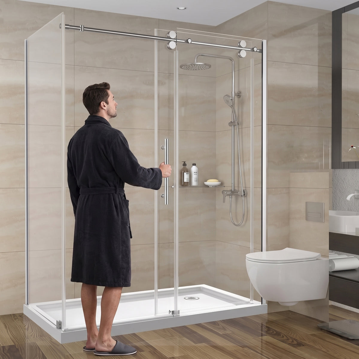 Porte de douche coulissante en coin réversible 60po x 36po x 75po en chrome avec quincaillerie ronde et verre trempé 10mm