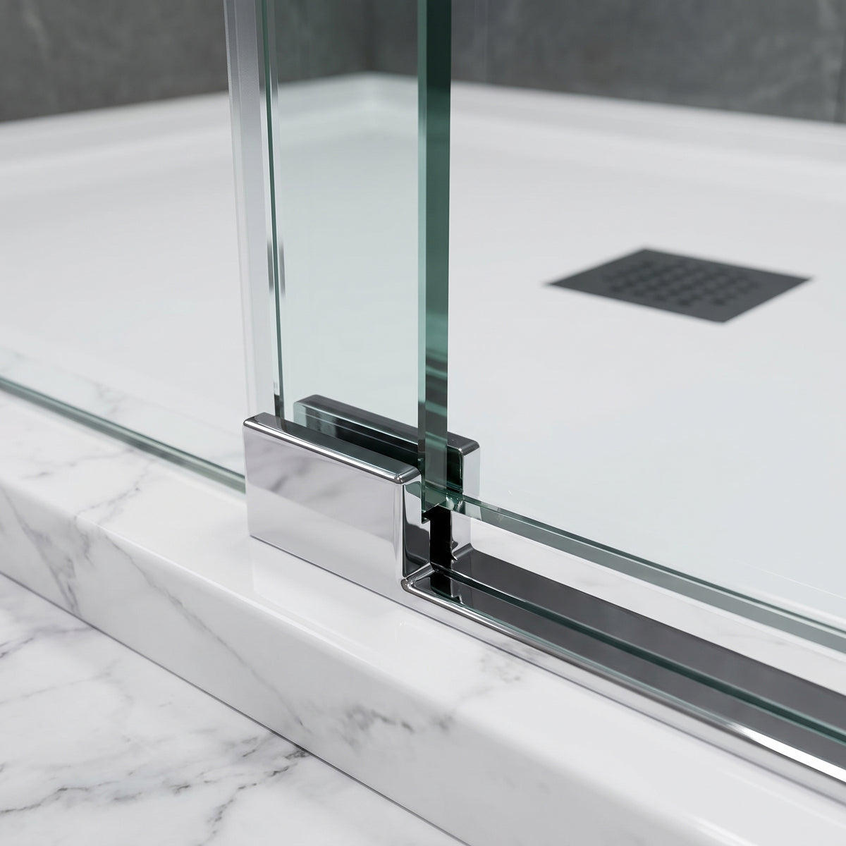 Porte de douche coulissante en coin réversible 60po x 36po x 75po en chrome avec quincaillerie ronde et verre trempé 10mm