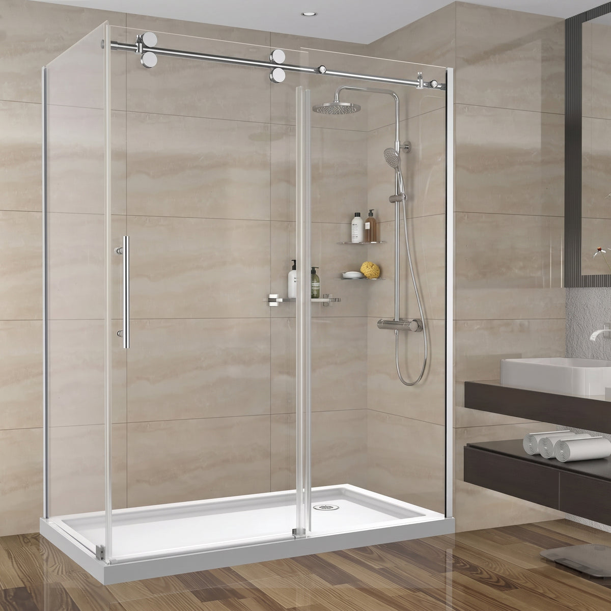 Porte de douche coulissante en coin réversible 60po x 36po x 75po en chrome avec quincaillerie ronde et verre trempé 10mm