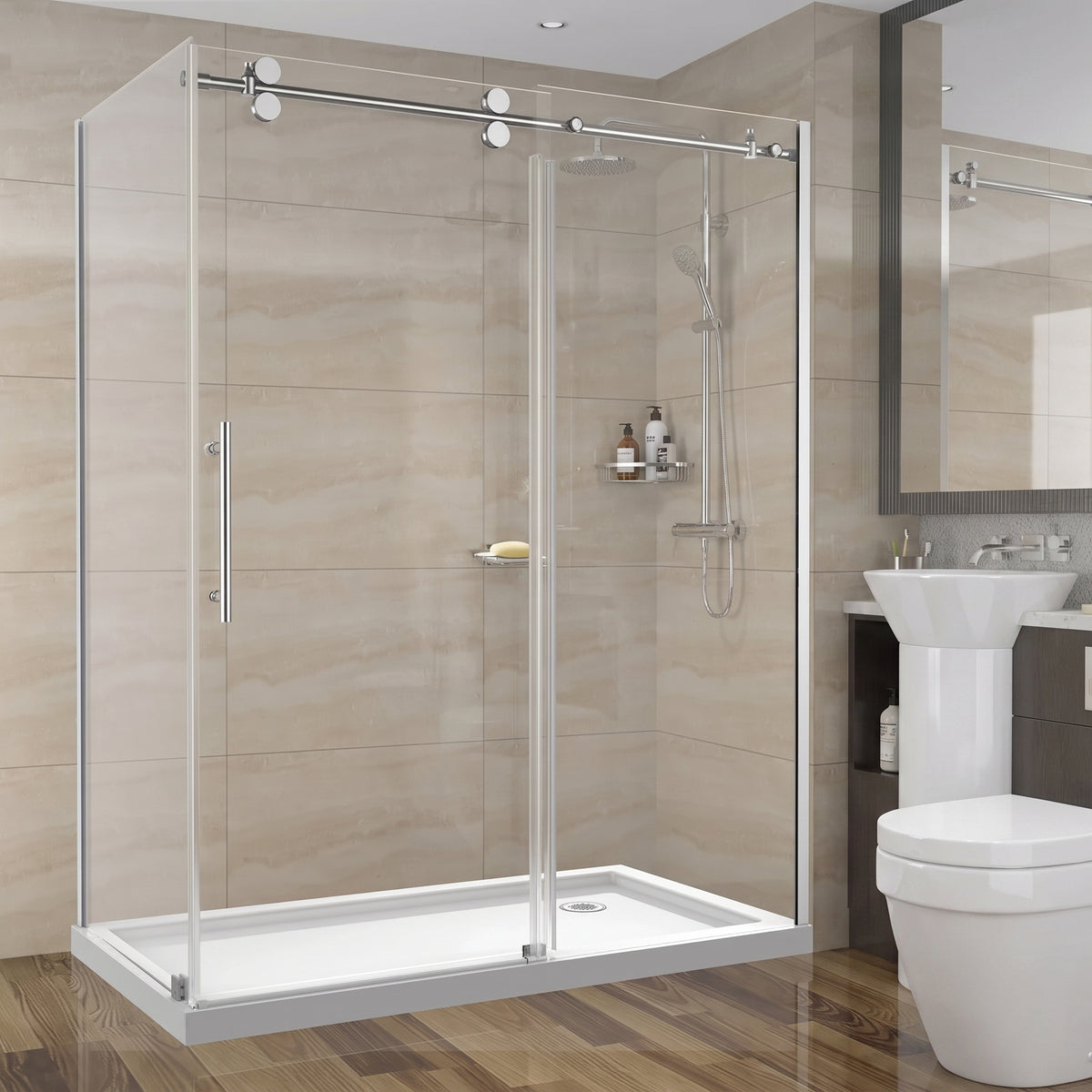Porte de douche coulissante en coin réversible 60po x 36po x 75po en chrome avec quincaillerie ronde et verre trempé 10mm