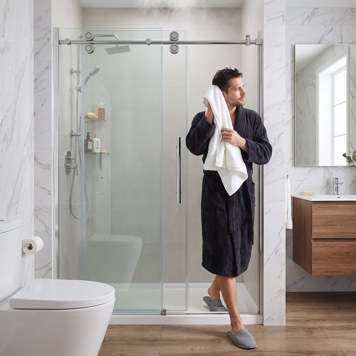 Porte de douche coulissante réversible 48po x 75po en alcôve - Quincaillerie chrome ronde, verre trempé 10mm