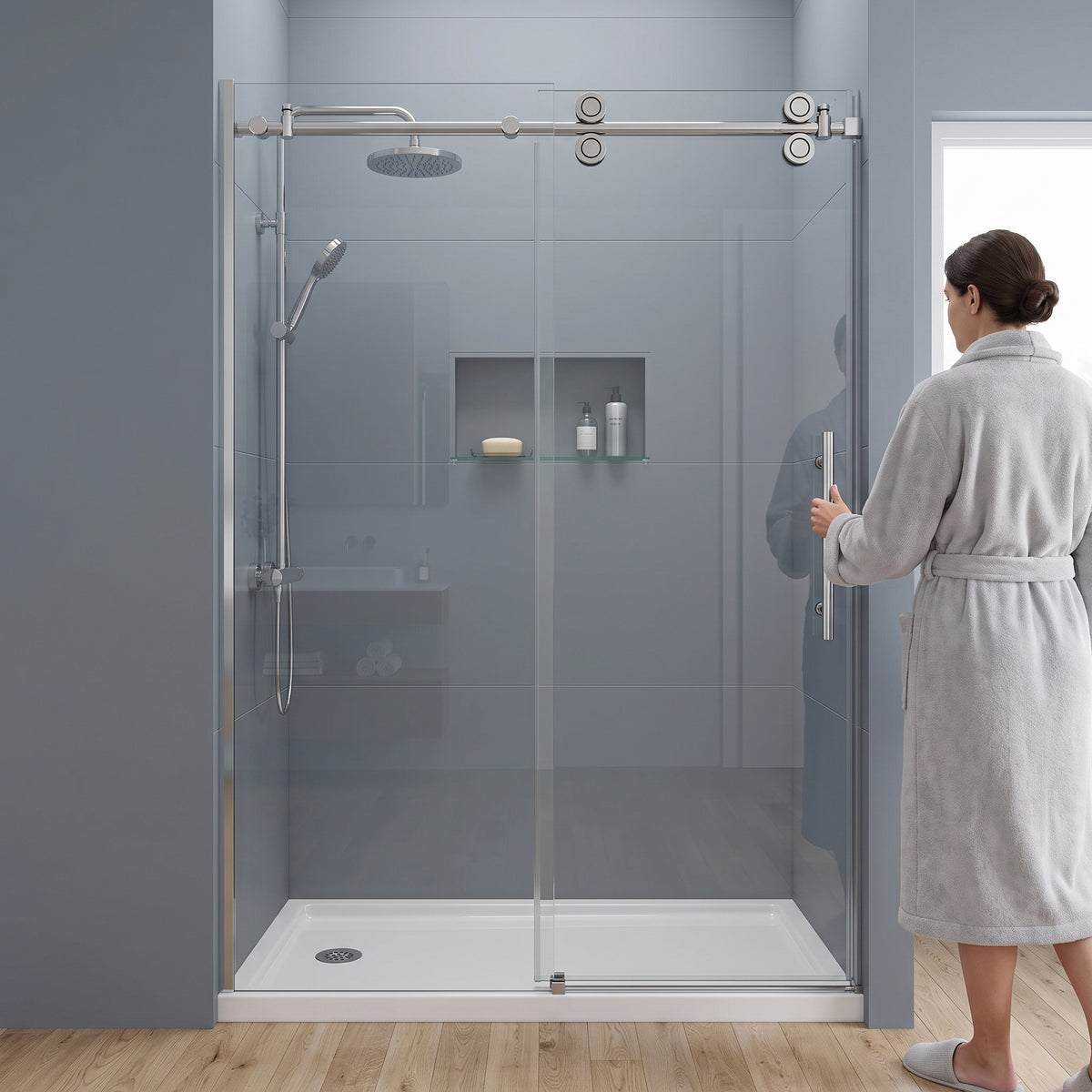 Porte de douche coulissante réversible 48po x 75po en alcôve - Quincaillerie chrome ronde, verre trempé 10mm
