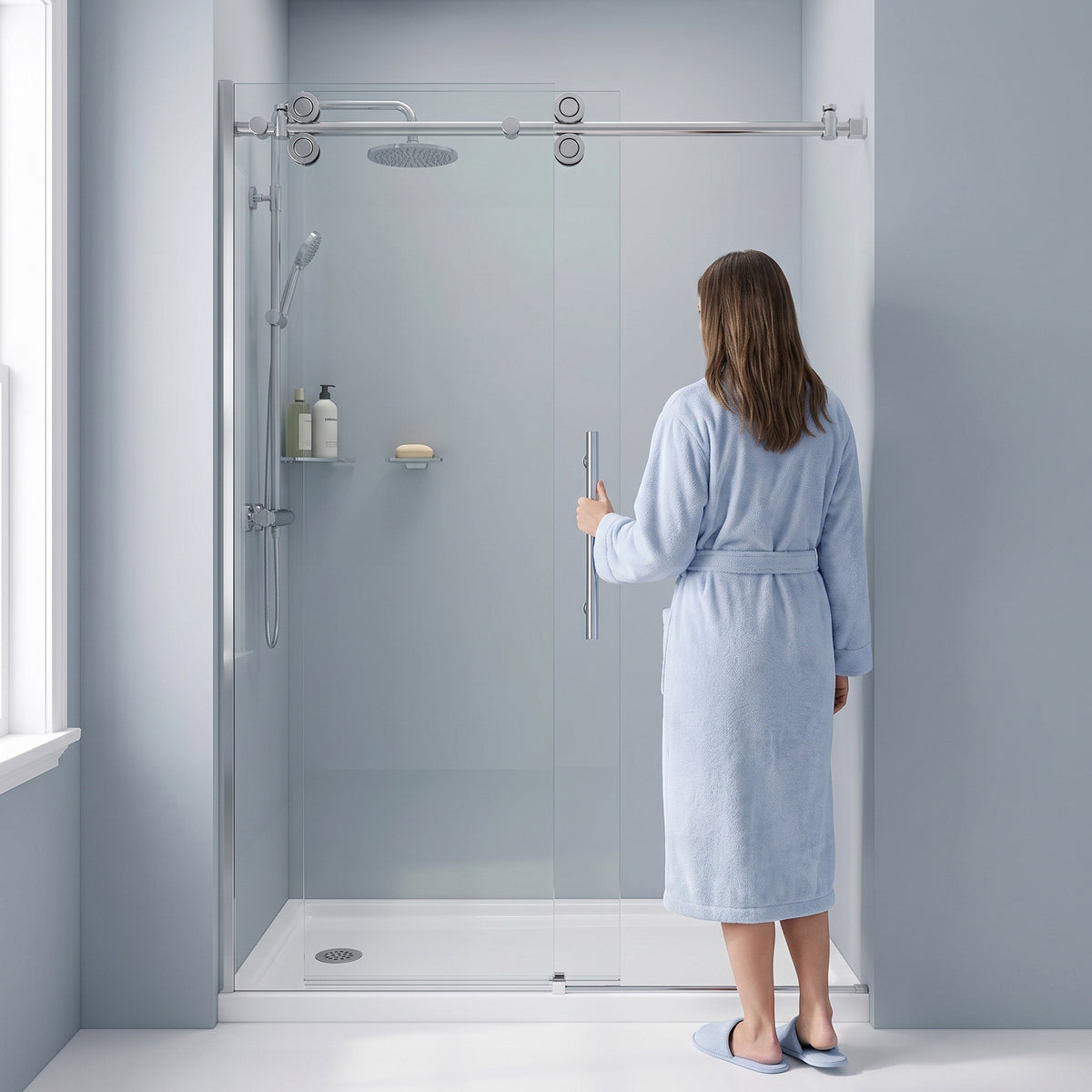 Porte de douche coulissante réversible 48po x 75po en alcôve - Quincaillerie chrome ronde, verre trempé 10mm