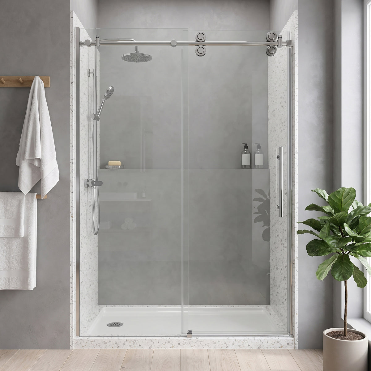 Porte de douche coulissante réversible 48po x 75po en alcôve - Quincaillerie chrome ronde, verre trempé 10mm