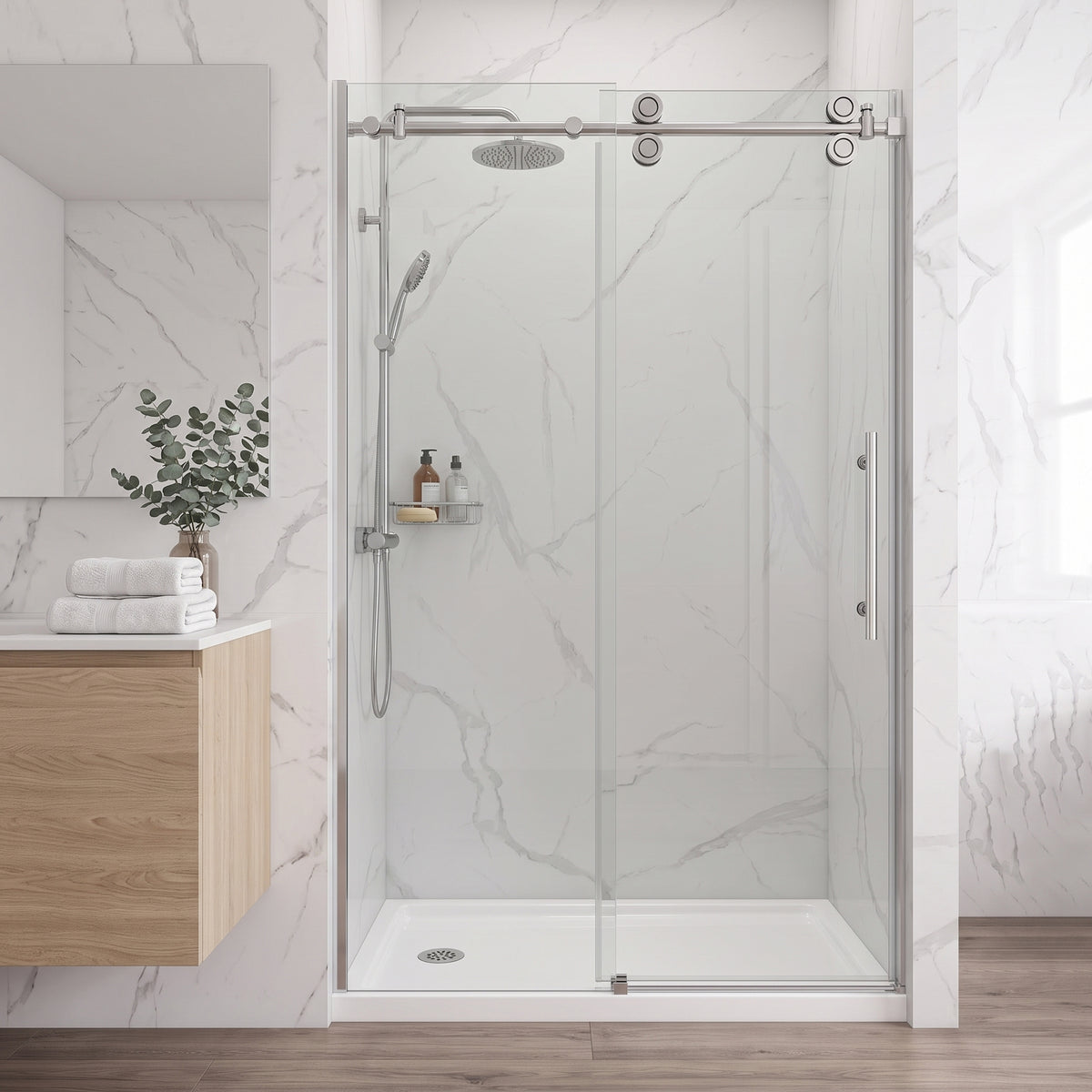 Porte de douche coulissante réversible 48po x 75po en alcôve - Quincaillerie chrome ronde, verre trempé 10mm