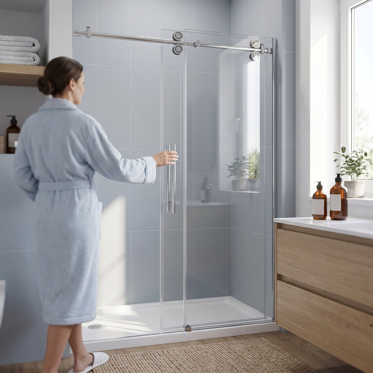 Porte de douche coulissante réversible 48po x 75po en alcôve - Quincaillerie chrome ronde, verre trempé 10mm