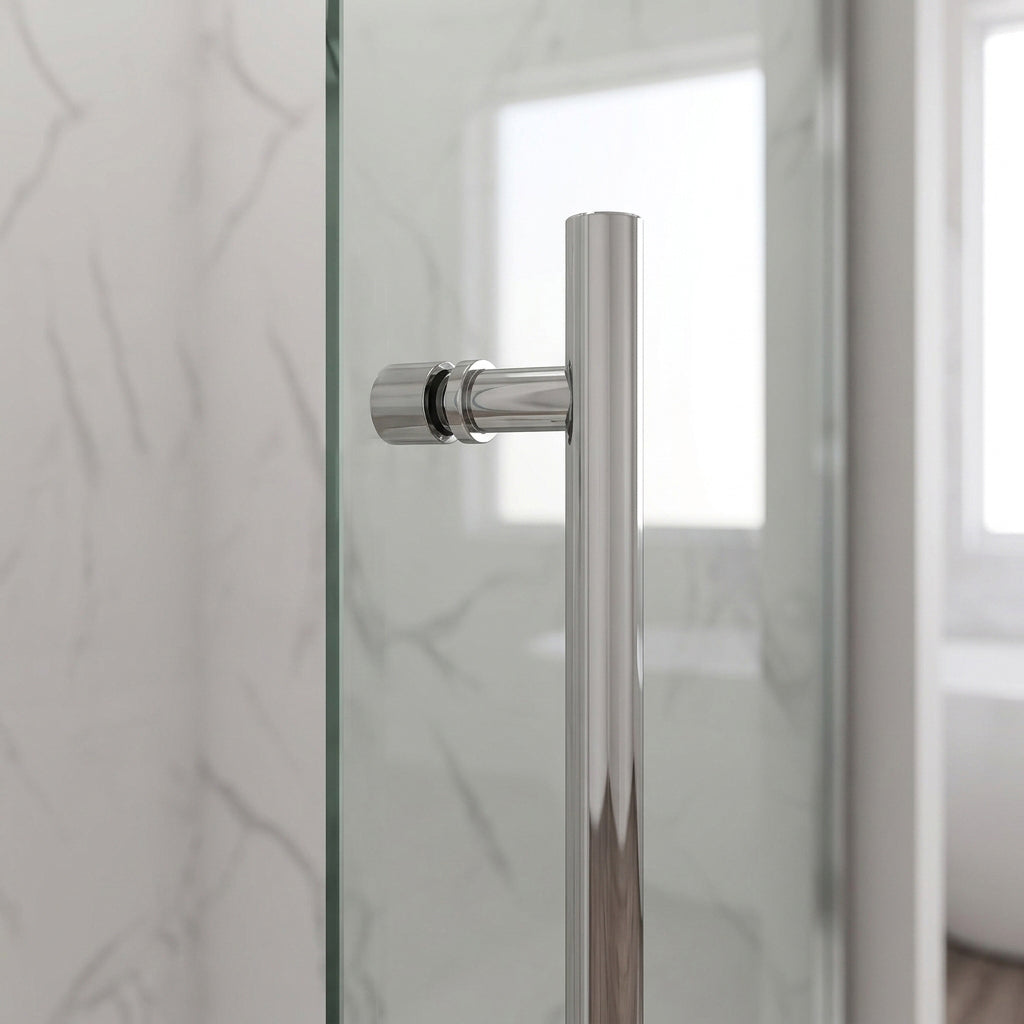 Porte de douche coulissante réversible 48po x 75po en alcôve - Quincaillerie chrome ronde, verre trempé 10mm