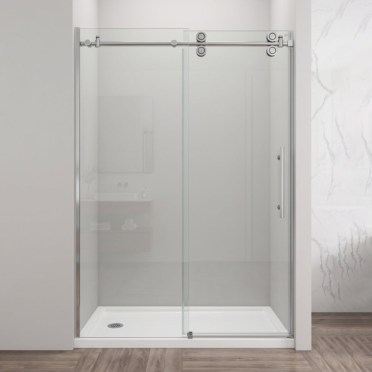 Porte de douche coulissante réversible 48po x 75po en alcôve - Quincaillerie chrome ronde, verre trempé 10mm