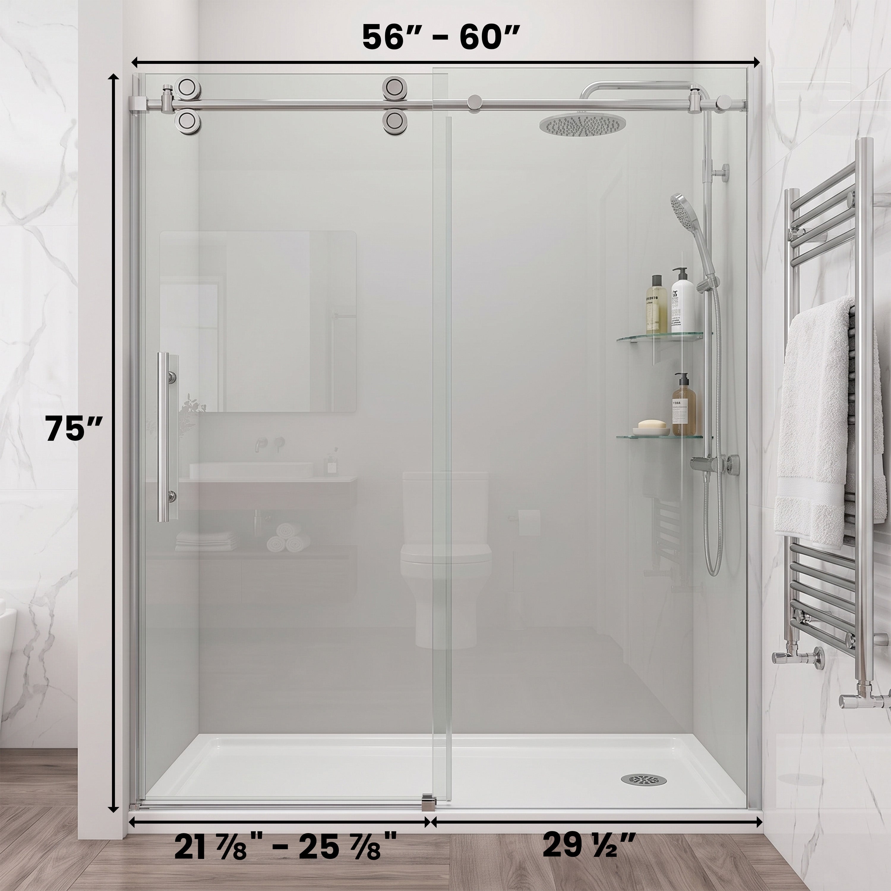 Porte de douche coulissante réversible alcôve 60po x 75po - Quincaillerie ronde chromée, verre 10mm