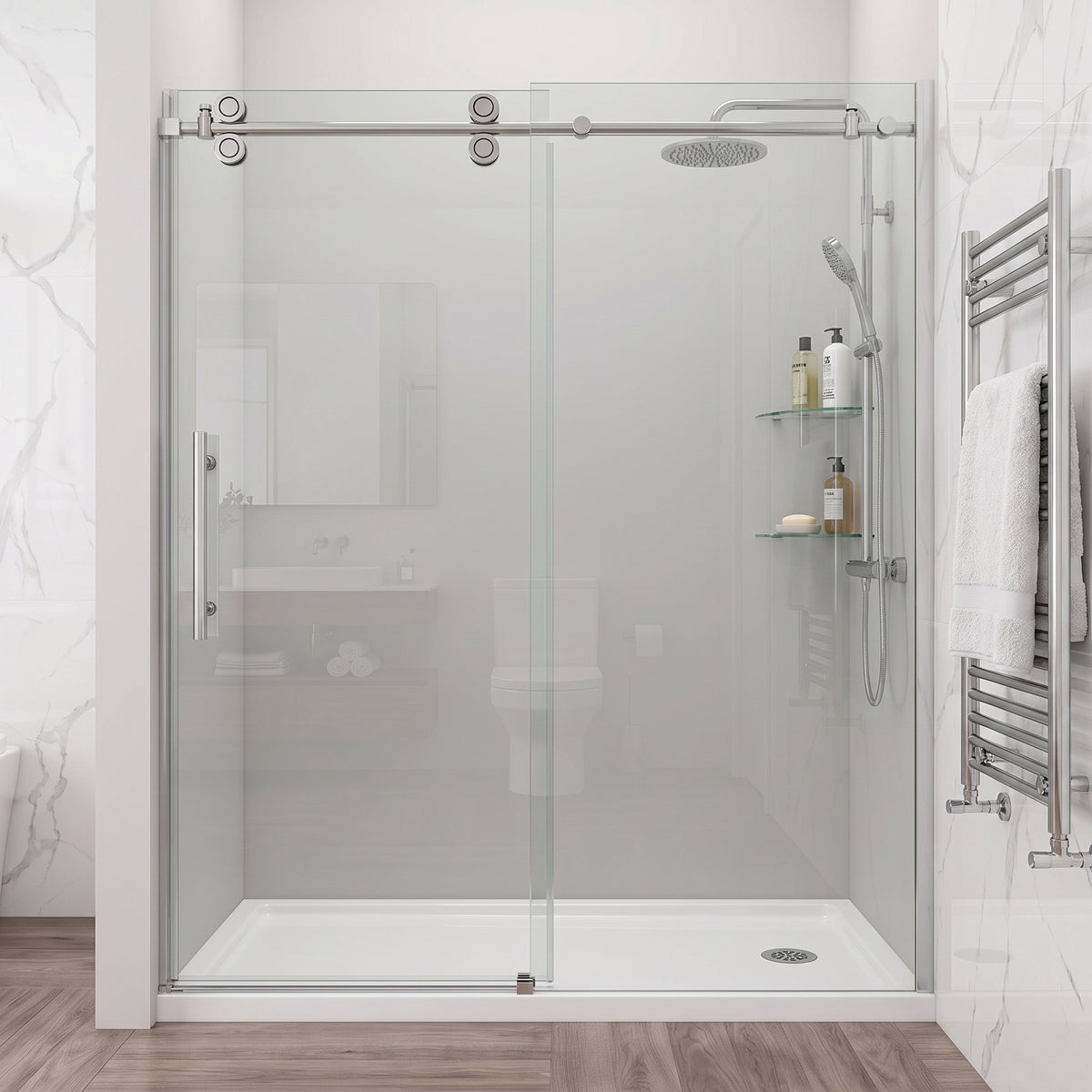 Porte de douche coulissante réversible alcôve 60po x 75po - Quincaillerie ronde chromée, verre 10mm