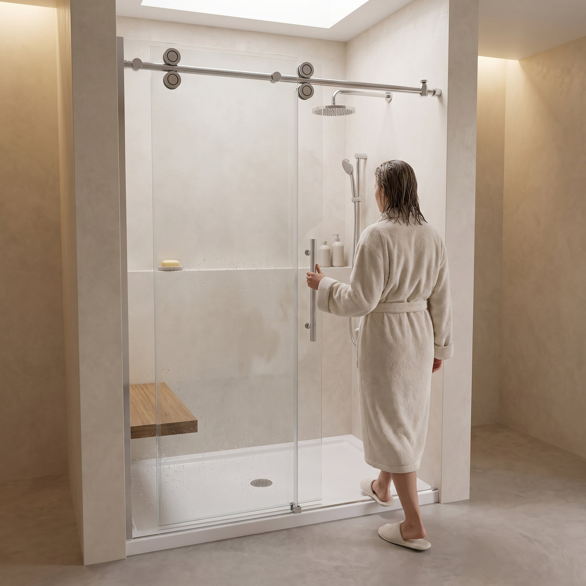 Porte de douche coulissante réversible alcôve 60po x 75po - Quincaillerie ronde chromée, verre 10mm