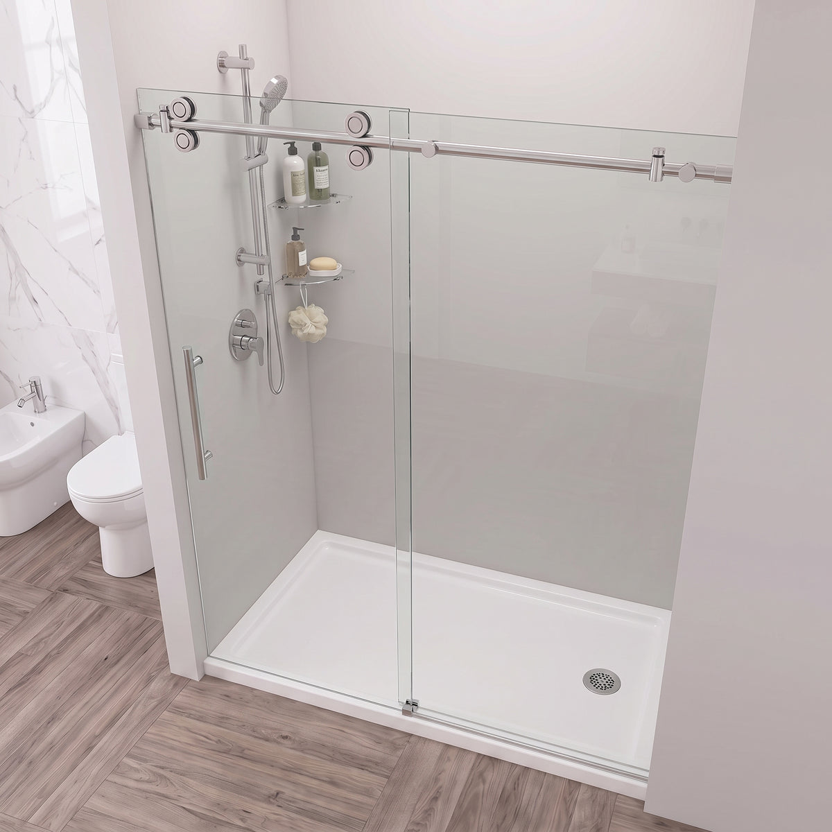 Porte de douche coulissante réversible alcôve 60po x 75po - Quincaillerie ronde chromée, verre 10mm