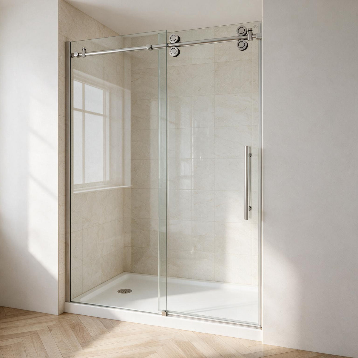 Porte de douche coulissante réversible alcôve 60po x 75po - Quincaillerie ronde chromée, verre 10mm