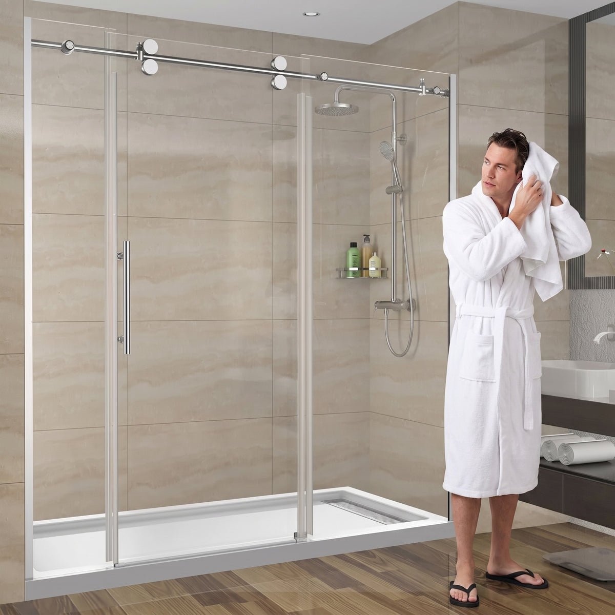 Porte de douche coulissante réversible 72po x 75po en alcôve - Verre trempé 10mm, quincaillerie chromée ronde