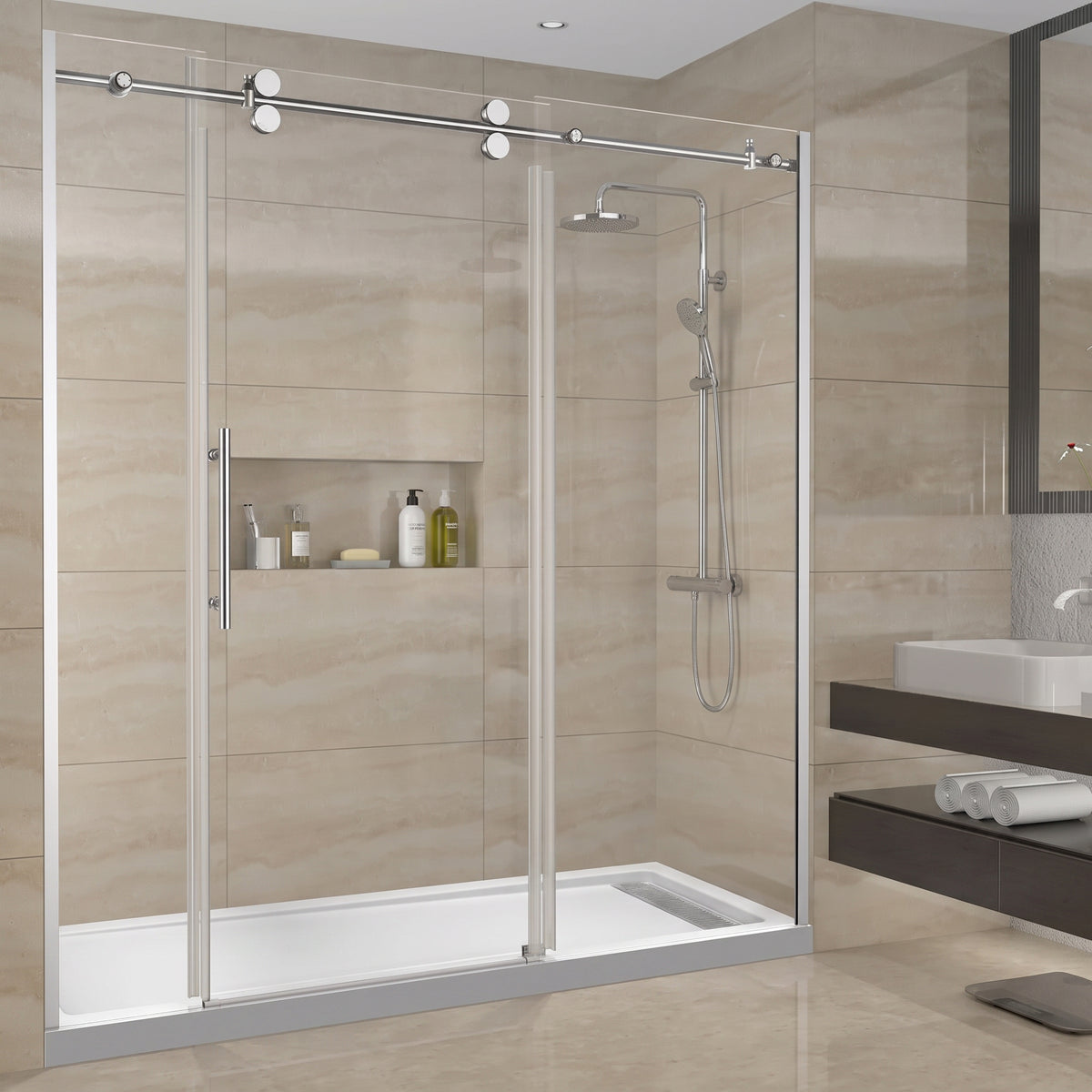 Porte de douche coulissante réversible 72po x 75po en alcôve - Verre trempé 10mm, quincaillerie chromée ronde