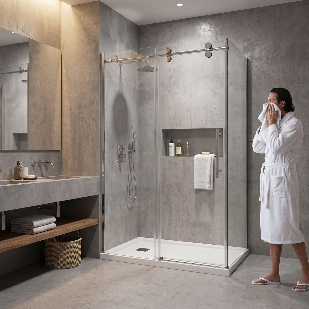 Porte de douche coulissante en coin réversible 48po x 32po x 75po en chrome avec quincaillerie ronde et verre trempé 10mm