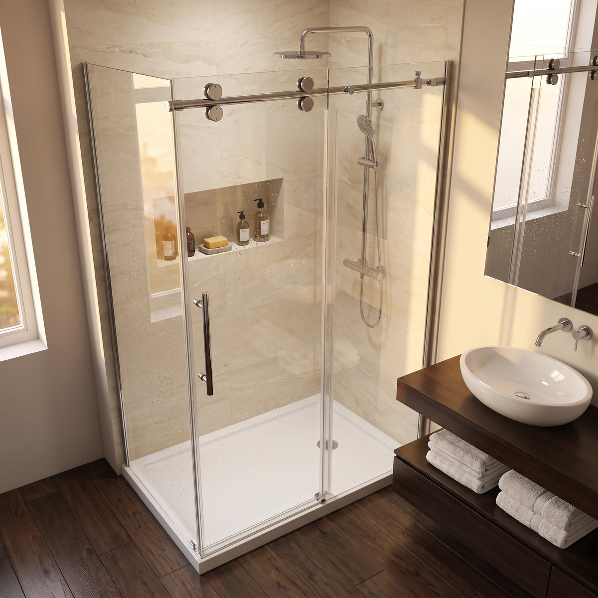Porte de douche coulissante en coin réversible 48po x 32po x 75po en chrome avec quincaillerie ronde et verre trempé 10mm