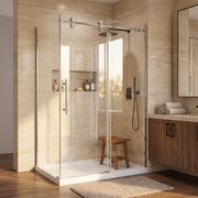Porte de douche coulissante en coin réversible 48po x 32po x 75po en chrome avec quincaillerie ronde et verre trempé 10mm