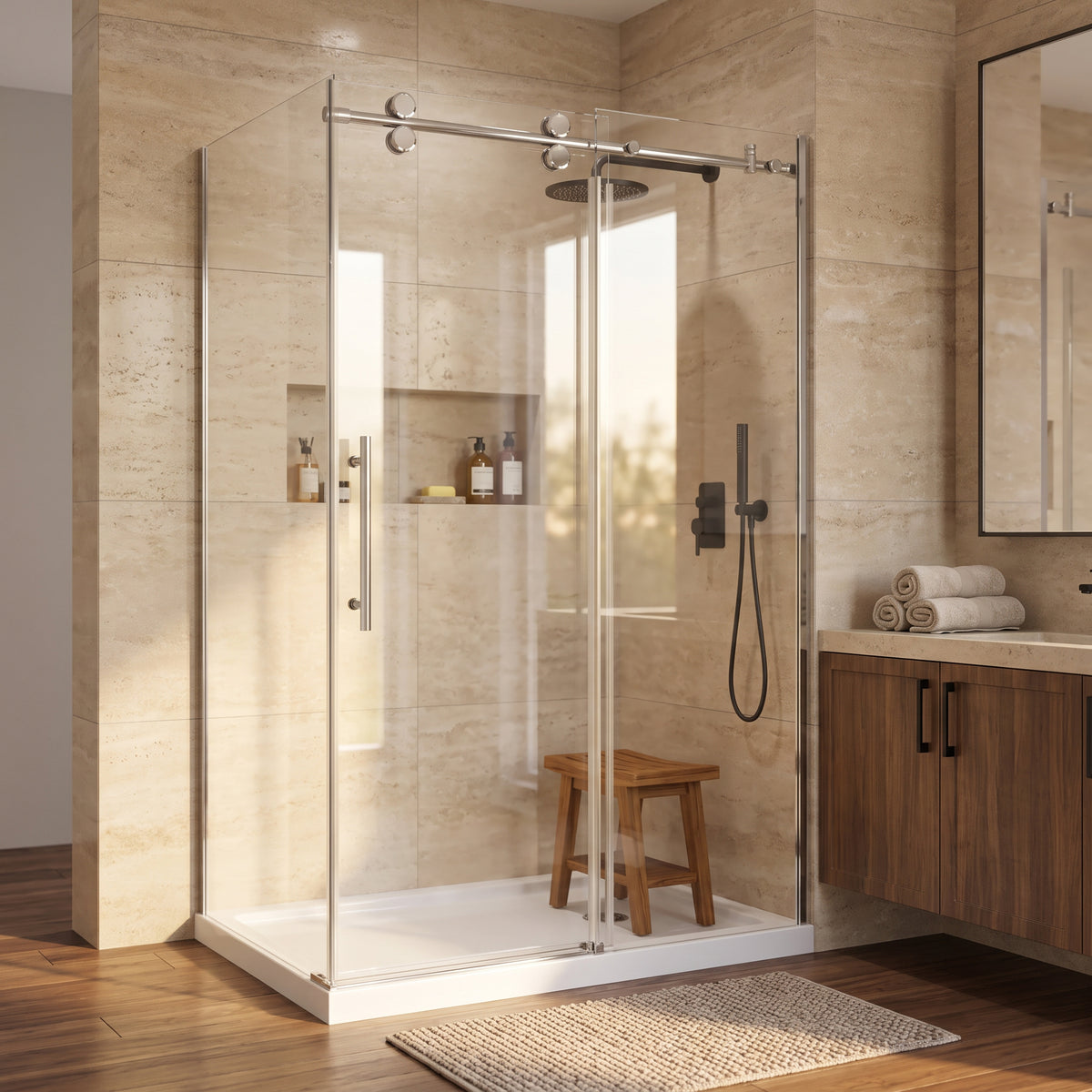 Porte de douche coulissante en coin réversible 48po x 32po x 75po en chrome avec quincaillerie ronde et verre trempé 10mm