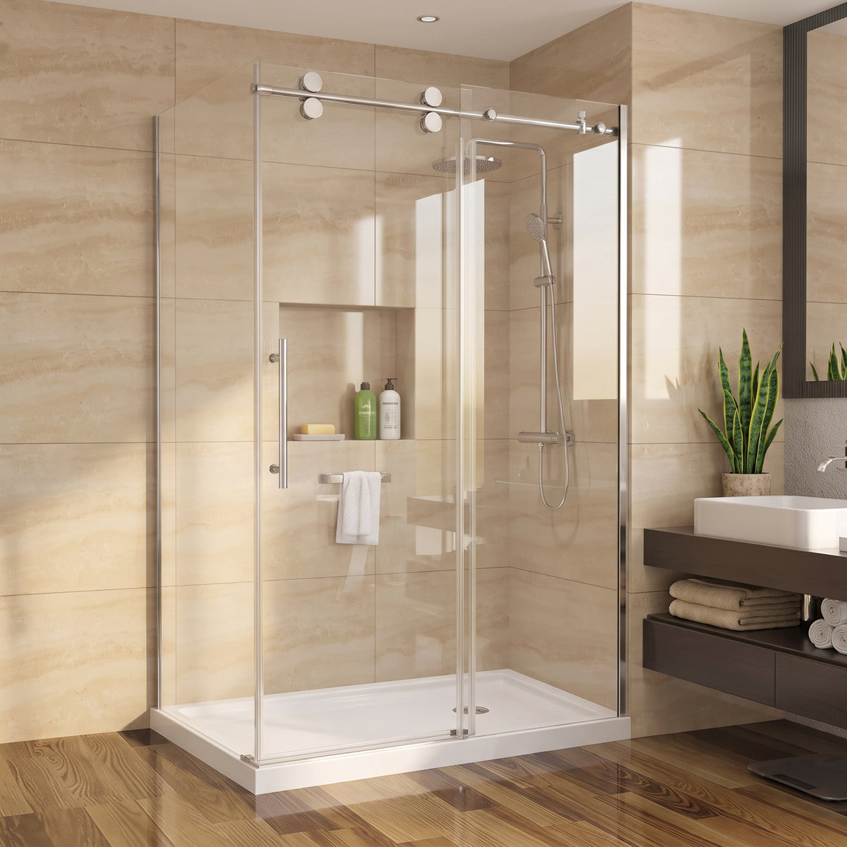 Porte de douche coulissante en coin réversible 48po x 32po x 75po en chrome avec quincaillerie ronde et verre trempé 10mm