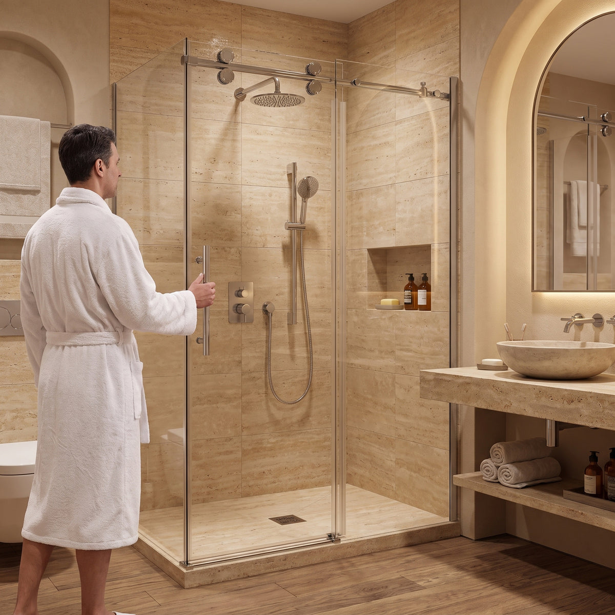 Porte de douche coulissante en coin réversible 48po x 32po x 75po en chrome avec quincaillerie ronde et verre trempé 10mm
