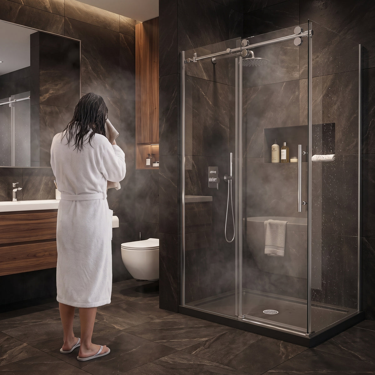 Porte de douche coulissante en coin réversible 48po x 32po x 75po en chrome avec quincaillerie ronde et verre trempé 10mm