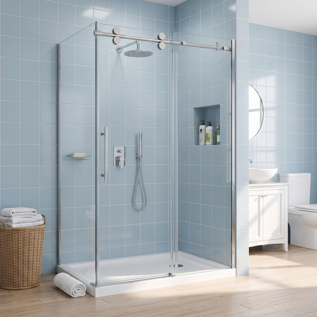Porte de douche coulissante en coin réversible 48po x 32po x 75po en chrome avec quincaillerie ronde et verre trempé 10mm